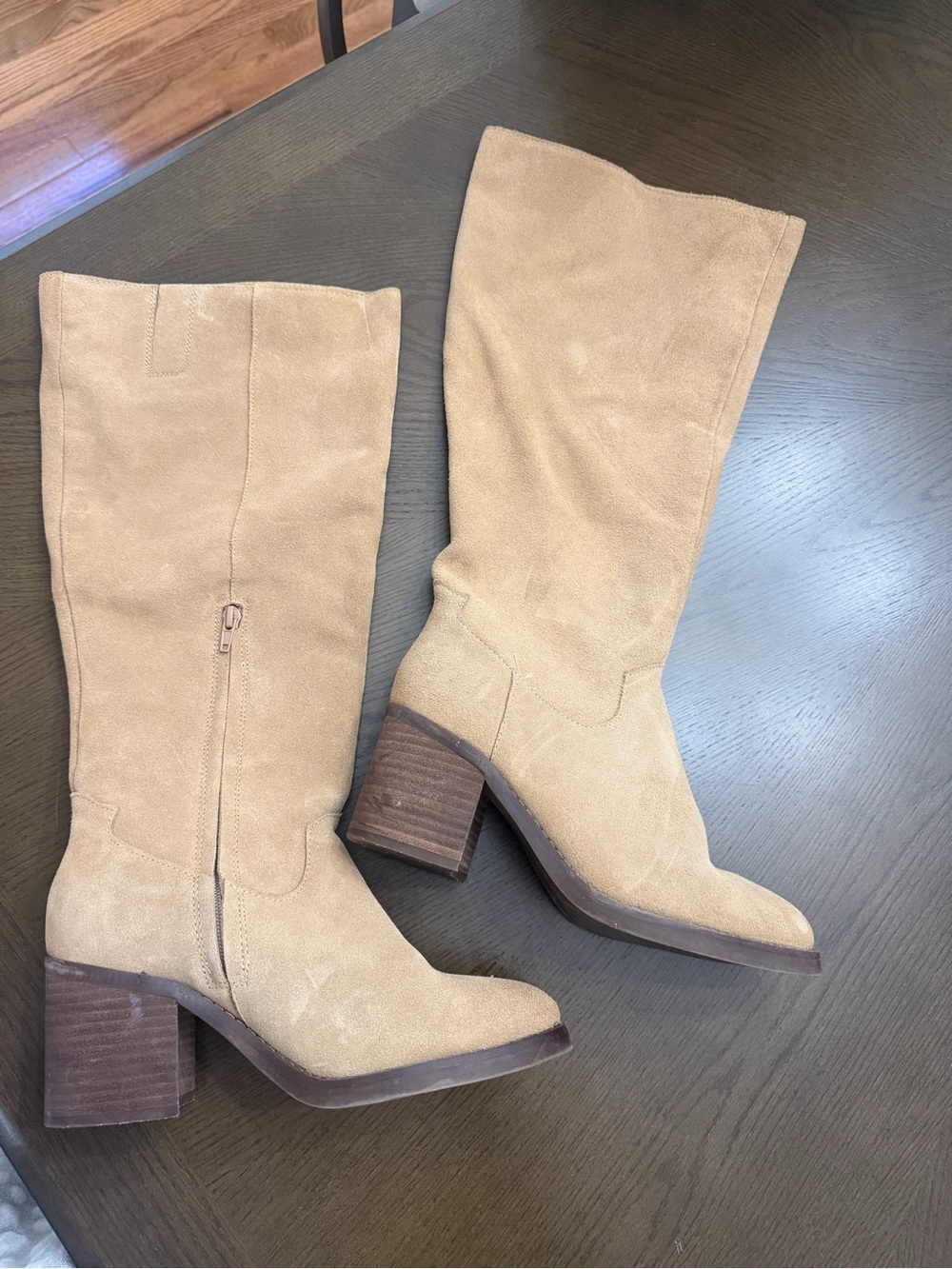 Tan Suede Wide-Calf Block Heel Boots - Unbranded